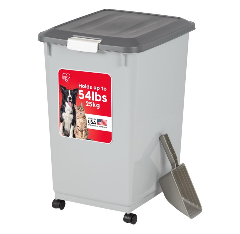 IRIS USA Dog Food Storage Container with Wheels, Airtight Lid, 2-Cup Scoop, Up to 54 Pounds Pet Food Storage, Built in Sc