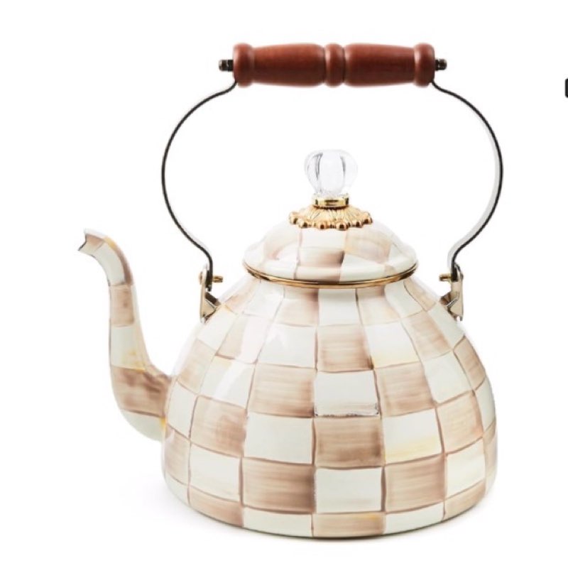 mackenzie-childs enamel tea kettle, stylish tea kettle for stovetop, grey-and-white sterling check, 3 quarts sterling check 3 quarts