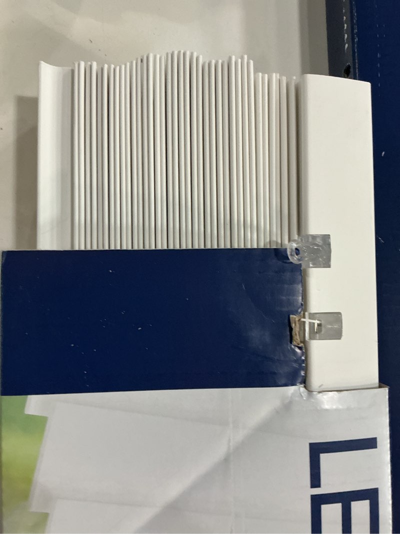 Condition photo showing As Is for levolor trim+go 2-in slat width 27-in x 64-in cordless white faux wood room darkening full-view standard horizontal blinds