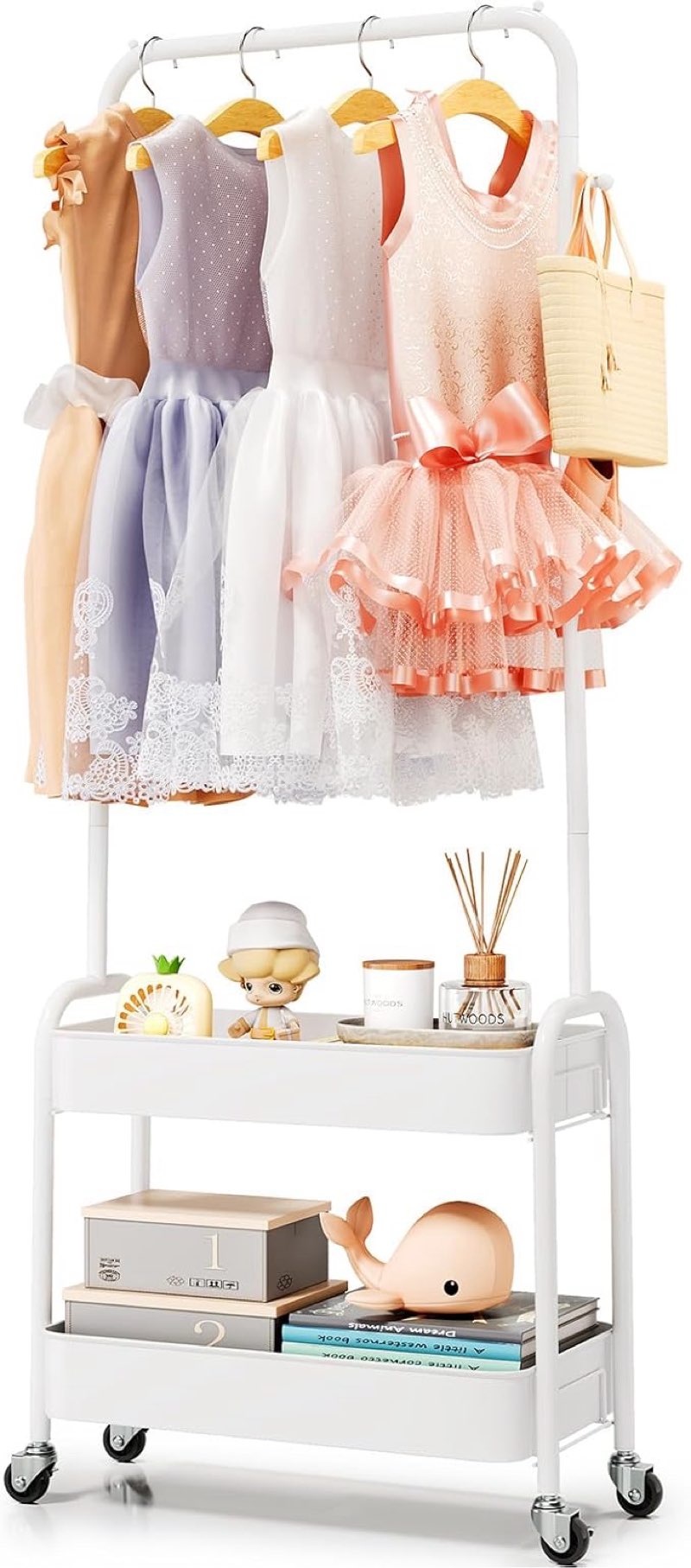 KINGRACK Clothing Rack, Kids Small Clothes Racks for Hanging Clothes, Garment Rack with Metal Basket,Kids Rolling Cothes Rack with Wheels Storage for Coats, Shoes, Shirts, White Medium