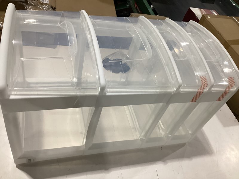 Condition photo showing Good Condition for homz drawer tower, 4-tier clear plastic storage organizer cart, white frame - rolling drawers with wheels for desk, dresser, cabinet, bedroom, bathroom, classroom, and office organization