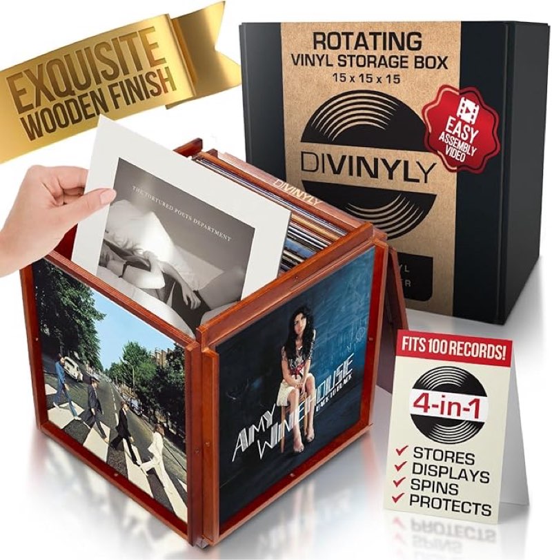 DIVINYLY 4-in-1 Rotating Vinyl Record Storage Box - Wooden Vinyl Display Cube - Rotatable Wood Crate Album Holder and Organizer for 100 Vinyl LP Records Collection - Irregular Finish