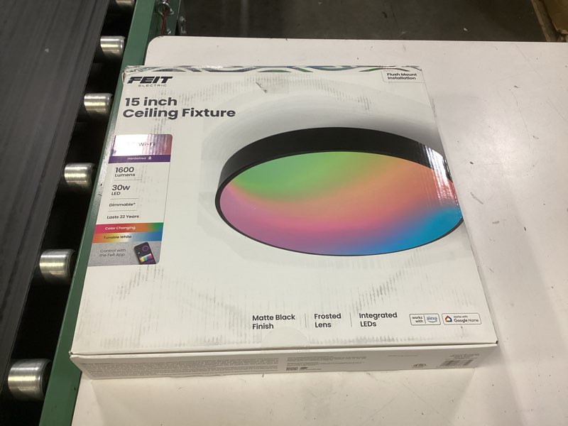 Condition photo showing New/Like New for feit electric smart ceiling light fixture, 15" round flush mount, color changing, music sync, works with alexa and google home asst, 30w, 1600 lumens, tunable white, 22-year lifetime, fm15/rgbw/dim/ag