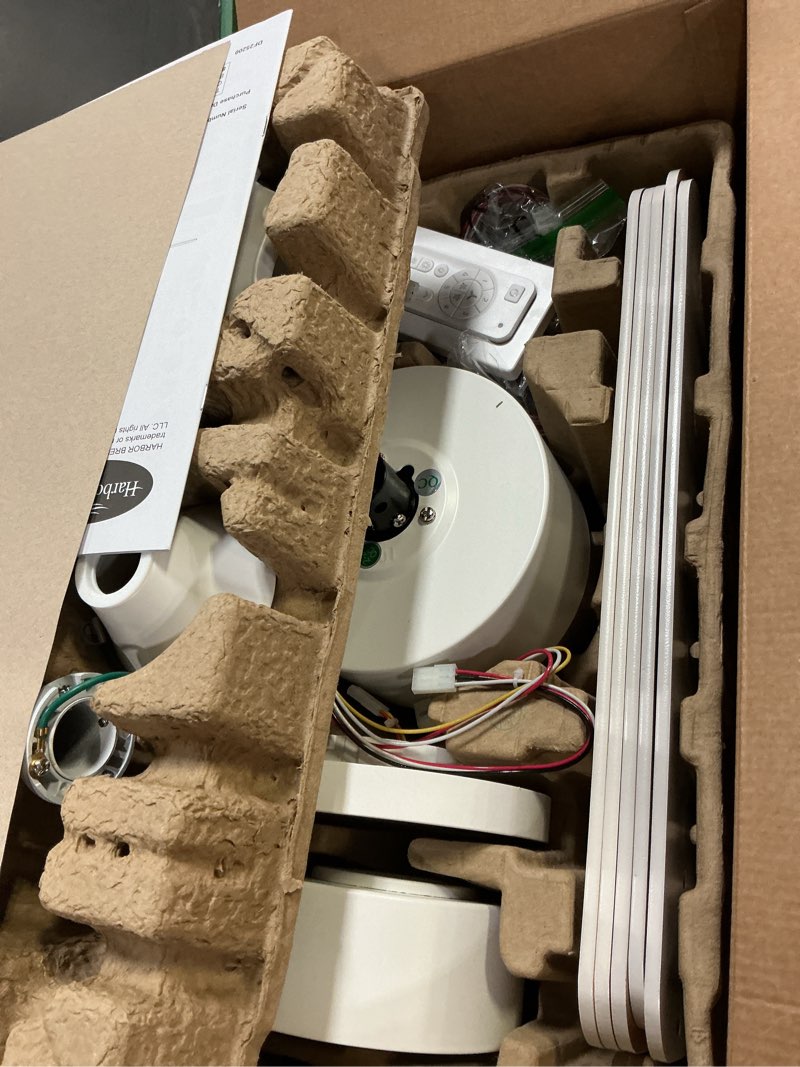 Condition photo showing As Is for 52 inch white ceiling fan with light and remote control,dimmable 3 color temperatures led ceiling fan,6 speeds reversible dc motor,5 blades modern ceiling fans for indoor or covered outdoor 52 inch-white