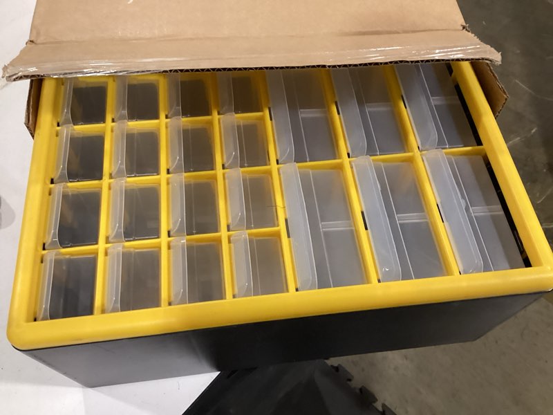 Condition photo showing Good Condition for akro-mils 44-drawer plastic storage cabinet, 20"w x 6"d x 16"h, yellow | plastic cabinet w/ drawers for garage organization, beads, building bricks storage, teacher toolbox, makeup organizer, 10144 yellow 44 drawer 1 pack