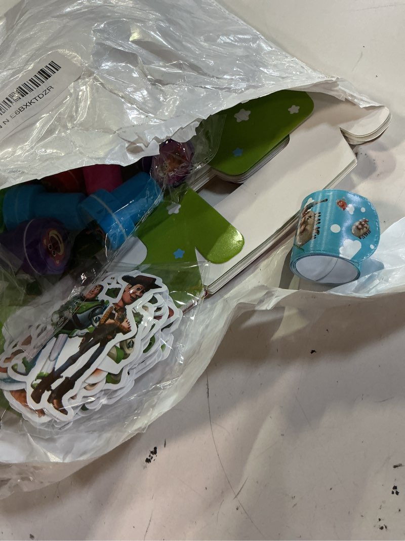 Condition photo showing Good Condition for cartoon birthday party supplies, cartoon birthday decorations include 50 stickers 12 paper treat boxes bracelets, for theme party decoration