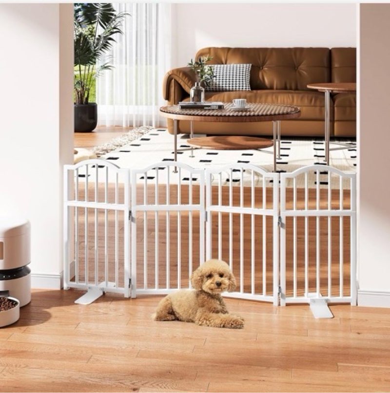 snughome dog gate indoor, 23.62\" h freestanding dog door gates with support feet, expands up to 48’’ wide foldable pet gates for doorways hallways, 4 panel folding pet door pet fence for puppy, white