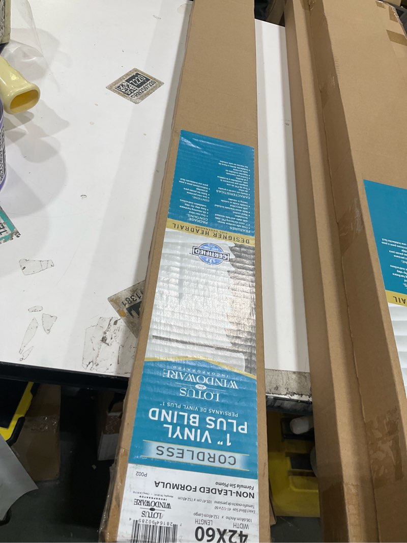 Condition photo showing New/Like New for LOTUS & WINDOWARE Cordless 1" Premium Vinyl Mini Blind, 42" Wide x 60" Long, White, Smooth, Room Darkening, Horizontal Blinds for Living Room, Bedroom, Interior Door Windows 42"W x 60"H White
