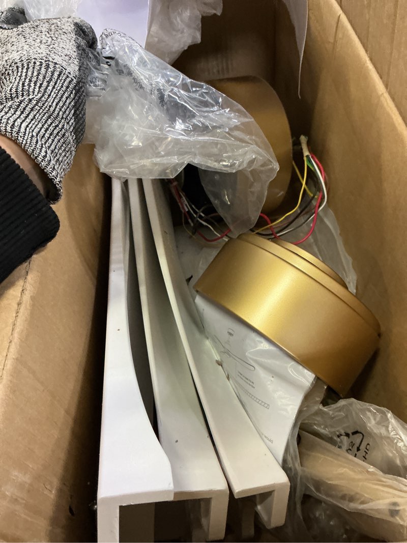 Condition photo showing As Is for cumilo 52" Smart Ceiling Fans with Lights Remote,Quiet DC Motor,Dimmable,Gold and White Outdoor Indoor Ceiling Fan,Control with Voice Alexa App, for Modern Bedroom Patios 52 inch Gold& White
