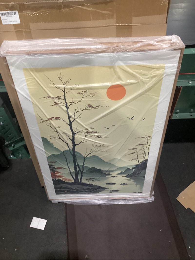 Condition photo showing New/Like New for chinoiserie bamboo forest framed canvas wall art set, nature tree lakes wall decor, minimalist zen landscape wall painting, watercolor art prints for living room, bedroom, office 24"x36"x3 chinoiserie bamboo wall art 24"l x 36"w