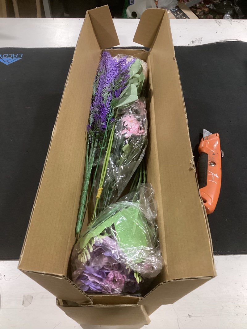 Condition photo showing Good Condition for fake flower bouquet purple artificial silk flower arrangements faux rose peony flowers for bridal bouquets wedding table centerpieces funeral summer decor purple pink
