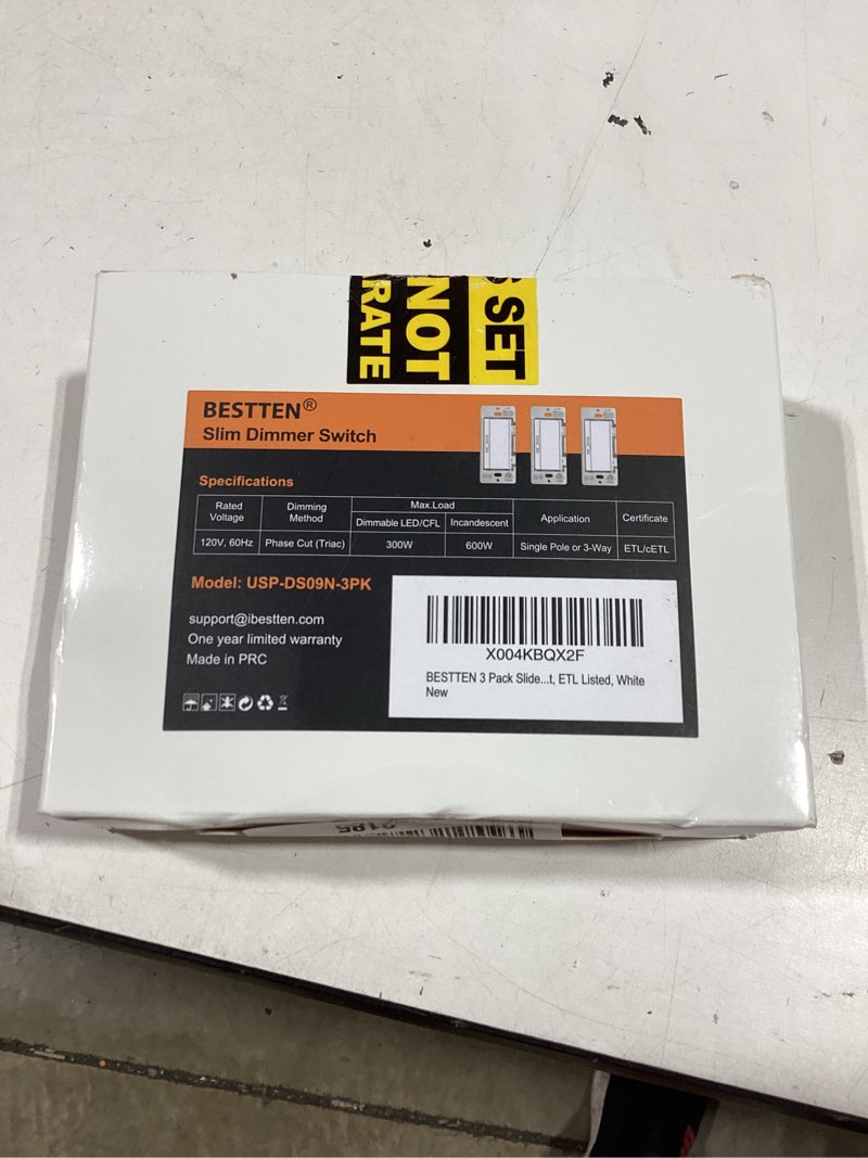 Condition photo showing New/Like New for bestten 3 pack slide dimmer light switch, quiet rocker, super slim single pole or 3 way dimmable switch, max 300w led, cfl, 600w incandescent, etl listed, white standard white 3