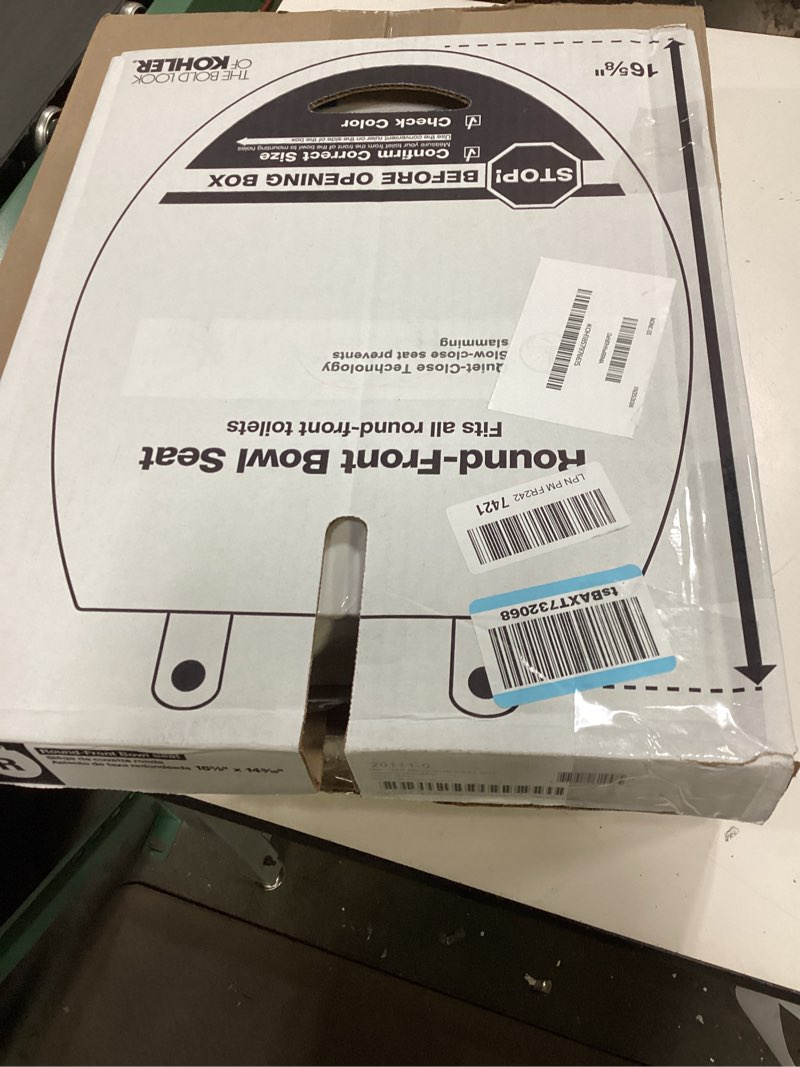 Condition photo showing New/Like New for kohler 20111-0 brevia, slow close toilet seat, round toilet seat, grip-tight bumpers quick-attach hardware, white