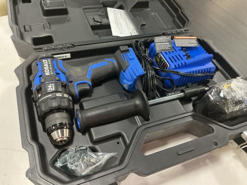 Condition photo showing Good Condition for kobalt xtr 24-volt 1/2-in keyless brushless cordless drill 1 -batteries included, and charger included