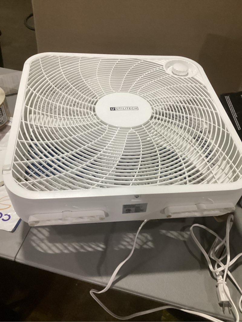 Condition photo showing As Is for utilitech 20-in 120-volt 3-speed high velocity indoor white box fan