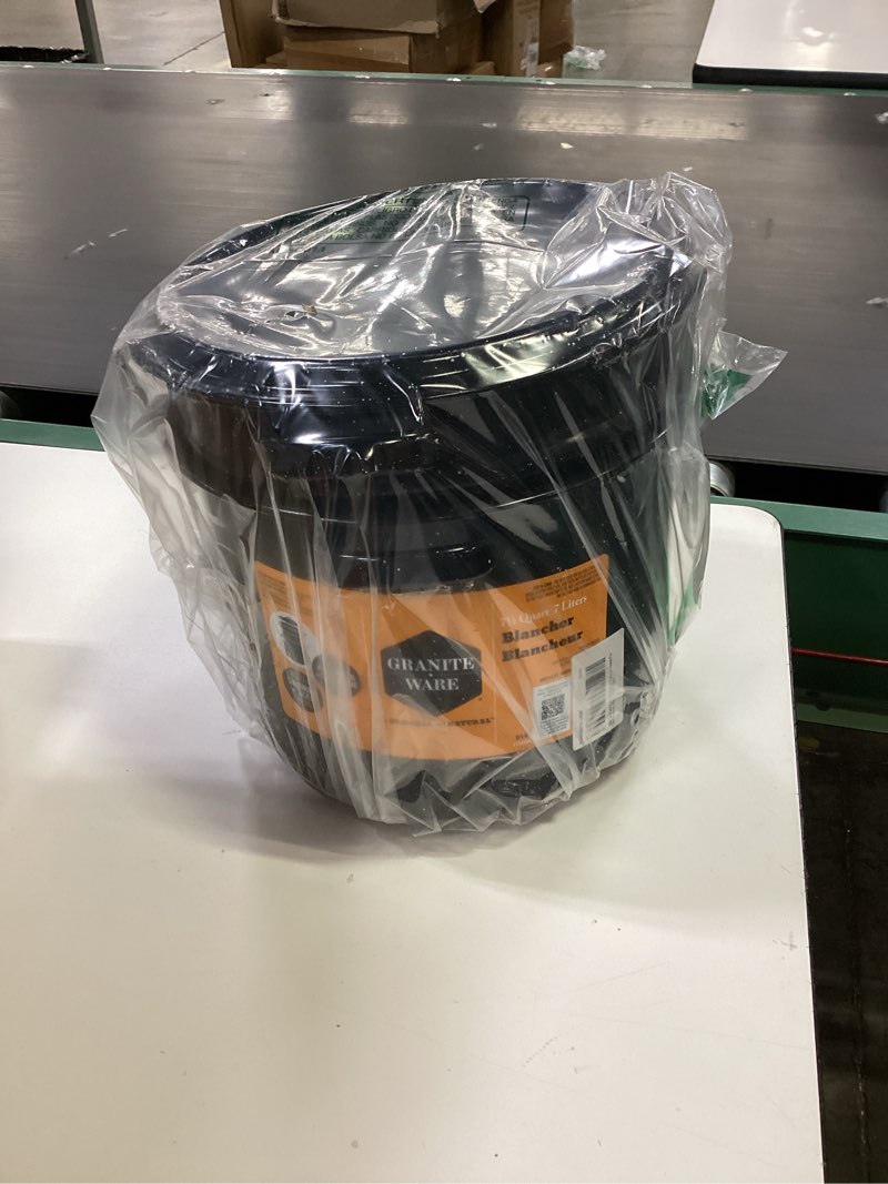 Condition photo showing Good Condition for Granite Ware 7.5 Qt 3 Piece Multiuse Pasta Pot Set, Strainer Pot with lid. (Speckled Black) Seafood, Soups, Sauce, Large Capacity. Easy to Clean. Dishwasher Safe. 7.5 Quarts Pasta Pot Speckled Black