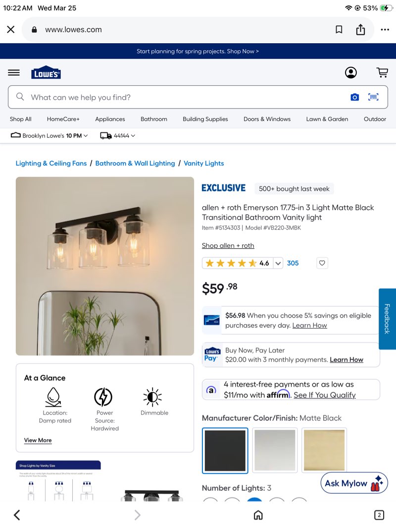 500+ bought last week allen + roth emeryson 17.75-in 3 light matte black transitional bathroom vanity light item #5134303 | model #vb220-3mbk 