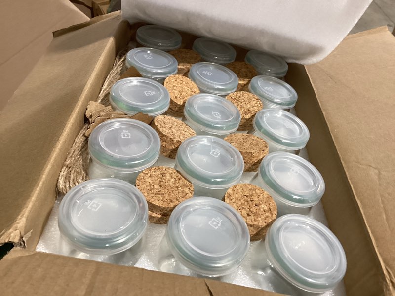 Condition photo showing As Is for mini yogurt jars 30 pack, 7 oz glass favor jars with cork lids, pudding containers with lids, mason jar wedding favors honey pot with label tags and string 30pack