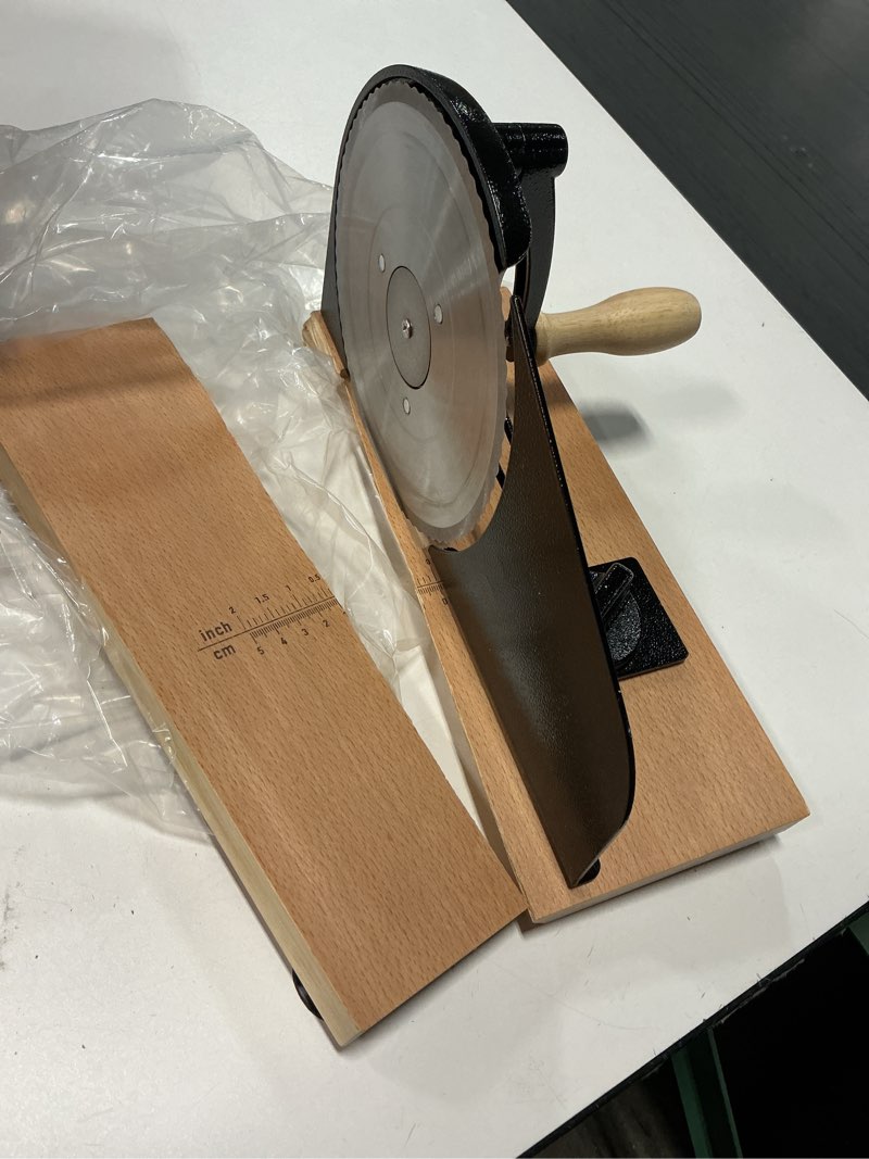 Condition photo showing As Is for Upgraded Manual Bread Slicer for Homemade Sourdough Bread Adjustable Thickness& Evenly Slicing, Metal Guide, Hand Crank Bread Slicer with Scale Line & & Suction Base,Sharp Stainless Steel Blade