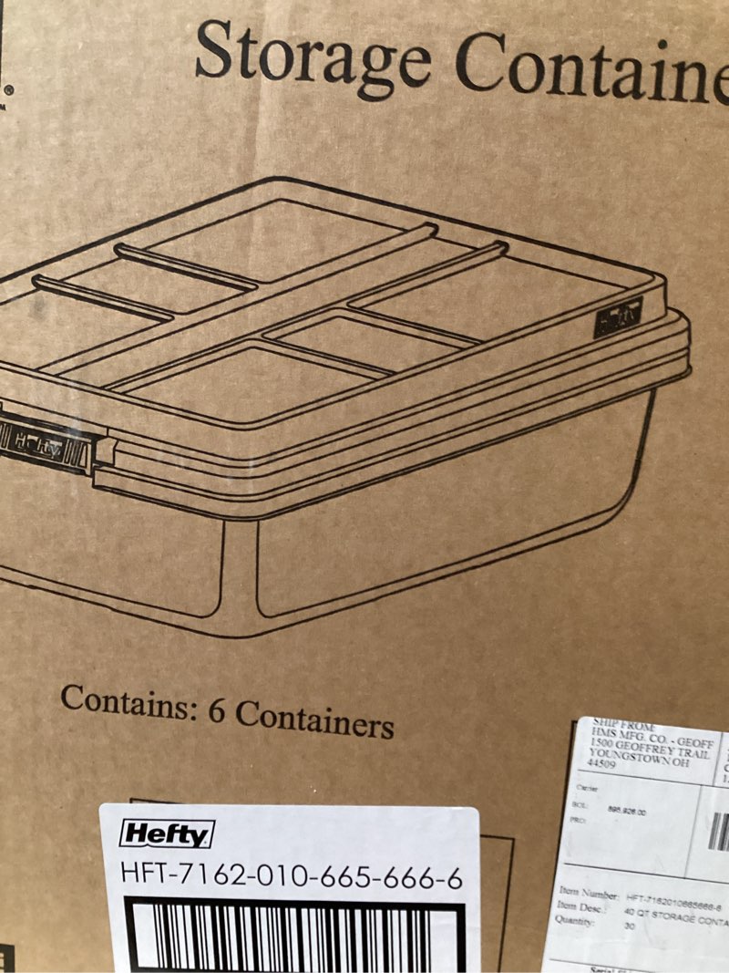 Condition photo showing New/Like New for hefty 40 quart hi-rise storage bin with lid, stackable plastic container tote for home, office, and classroom organization, 6 pack, smoke blue