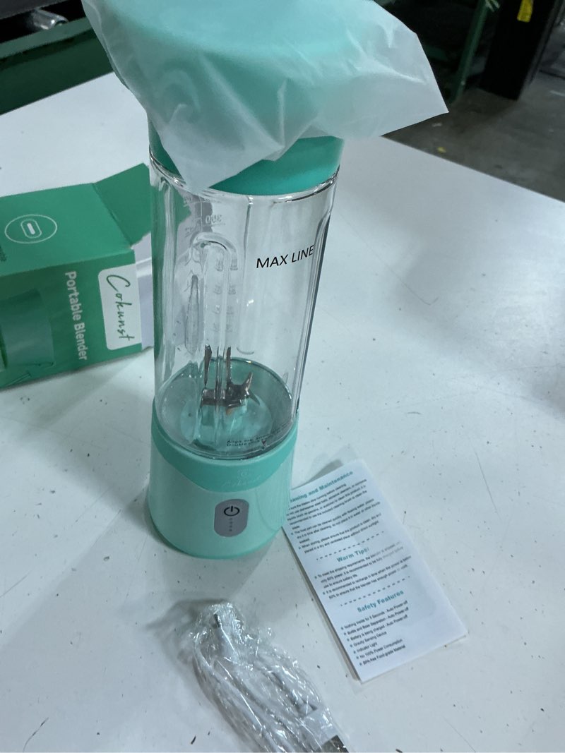Condition photo showing As Is for cokunst portable blender, usb c rechargeable personal blender, small smoothie & shake maker with 6 blades, compact travel mini juicer cup with extra lid for home, gym, office, 18oz, green