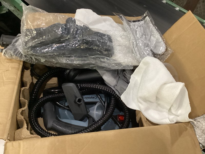 Condition photo showing New/Like New for steam cleaner, powerful heavy duty canister steamer with 34 accessories, steam mop with 16.4 ft extra-long power cord for home floor cleaning, grout, upholstery, car detailing, grey