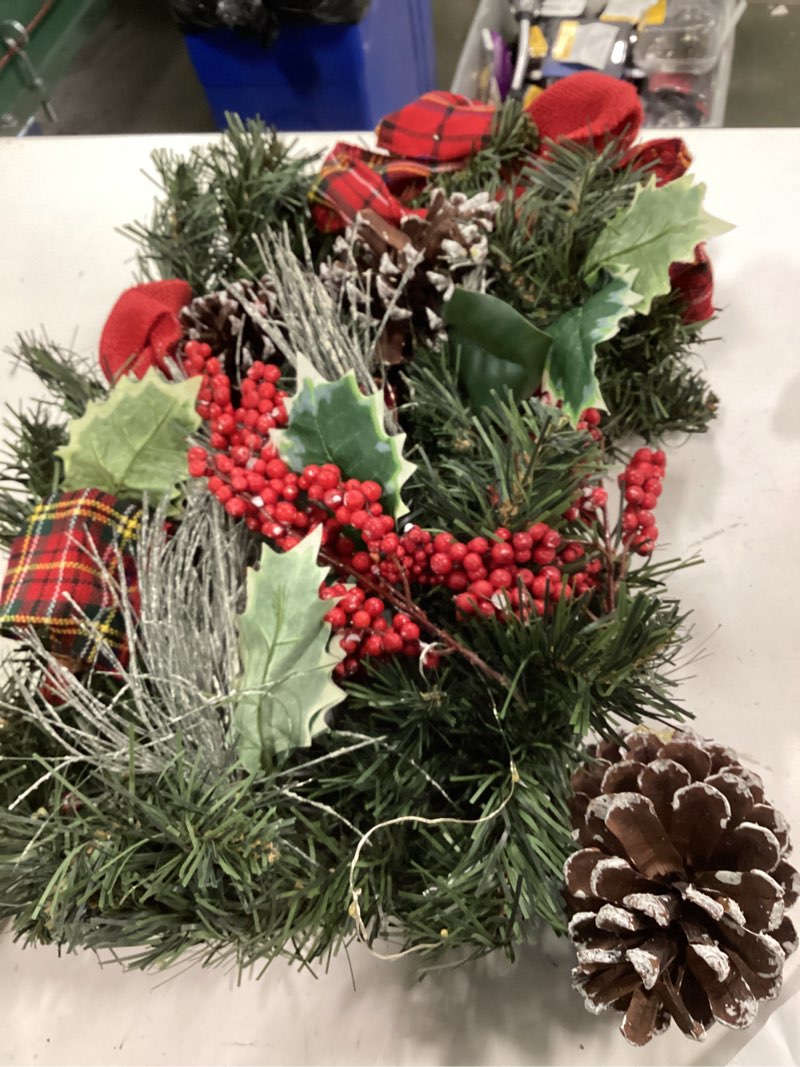 Condition photo showing As Is for (Incomplete) 9FT Prelit Christmas Garland with Lights, Battery Operated Lighted with Pine Cones & Red Berries, Snowy Winter Decor for Mantle, Fireplace – Perfect for Indoor & Outdoor 9FT-Snowy