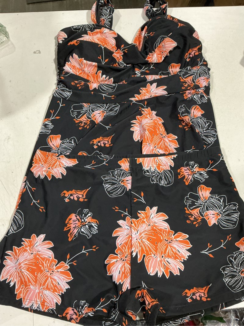 Condition photo showing Good Condition for miyang women plus size two piece swimsuits flowy tankini swim dress bathing suit with shorts 16 plus orange hibiscus