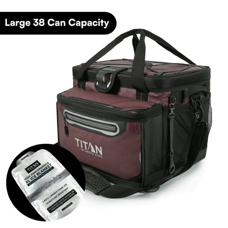 titan by arctic zone 38-can 25-quart iceless zipperless soft cooler with ice blanket, burgundy
