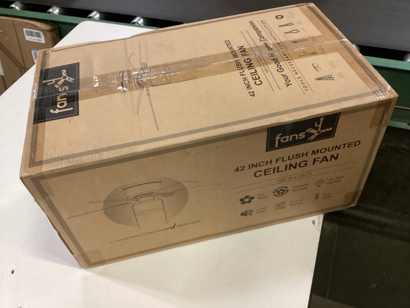 Condition photo showing New/Like New for 42" Pull Chain Ceiling Fan: Traditional Flush Mount Ceiling Fan with Light - LED Bulb - Dual Finish Blades - Reversible Function for Bedroom - White