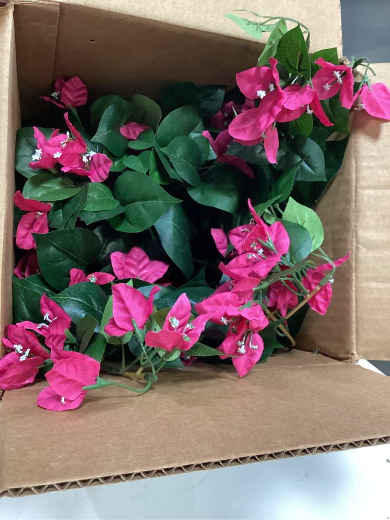 Condition photo showing Good Condition for nearly natural artificial bougainvillea hanging flower basket faux plant for indoor decoration with brown wicker hanging basket, 32"d x 32"w x 24"h green, pink 32 x 32 x 24