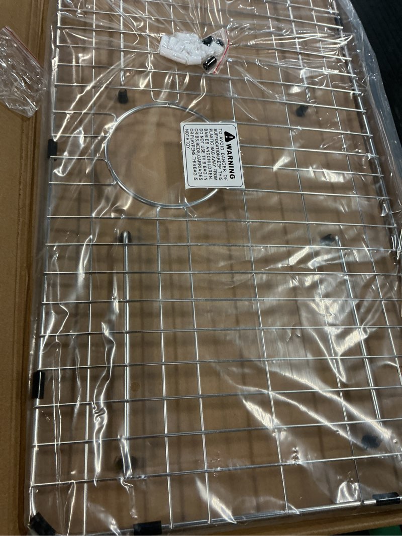 Condition photo showing New/Like New for awoke sink rack for bottom of sink, sink protectors for kitchen sink, 304 stainless steel heavy duty metal wire grate for single bowl farmhouse sink bottom,soft rubber feet (26×14 rear) rear 26×14