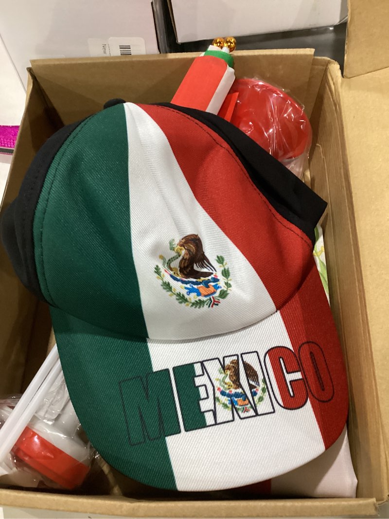 Condition photo showing Good Condition for 7pcs soccer cup fan set, soccer theme accessories kit with flags, clappers, shawl, cap and horn, gifts for football lovers and mexico supporters mexico set