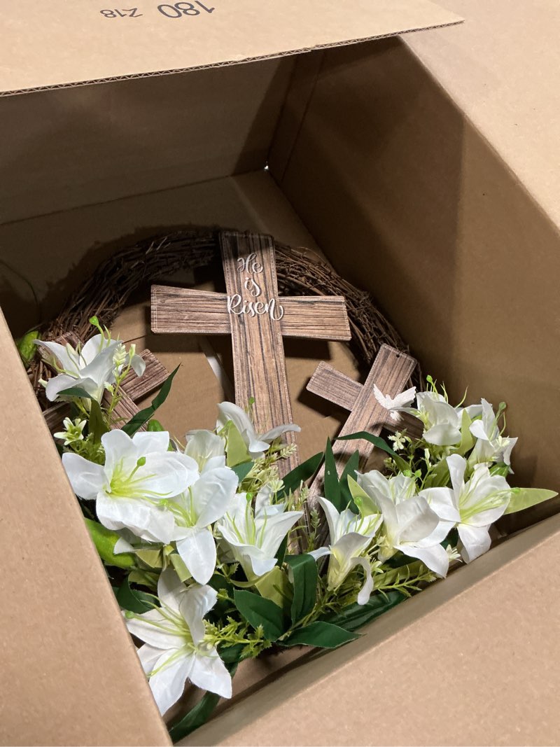 Condition photo showing As Is for easter wreath cross door sign decorations easter he is risen wooden wreath hanging sign easter christian floral easter door decor 16.54 inch for home wall spring party favor supplies gift