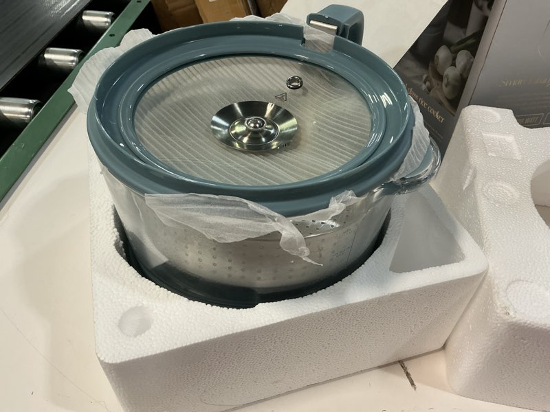 Condition photo showing Good Condition for cook with color 3l glass mini low carb rice cooker – holds 2 cups raw/makes 6 cups cooked with auto lift filter basket, hotpot & steamer for rice, grains, digital panel with keep warm, slate blue