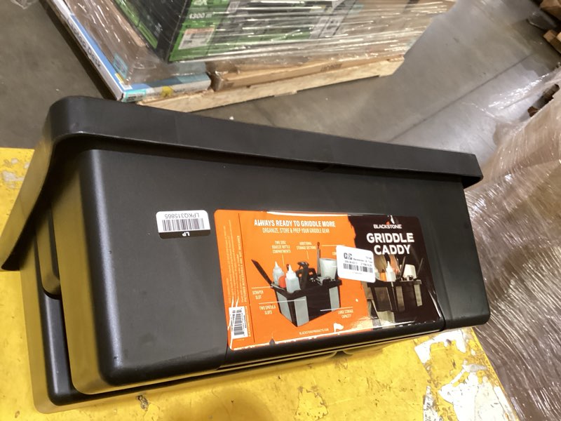 Condition photo showing As Is for 1 gal. capacity griddle essentials plastic tool caddy and storage bin in black