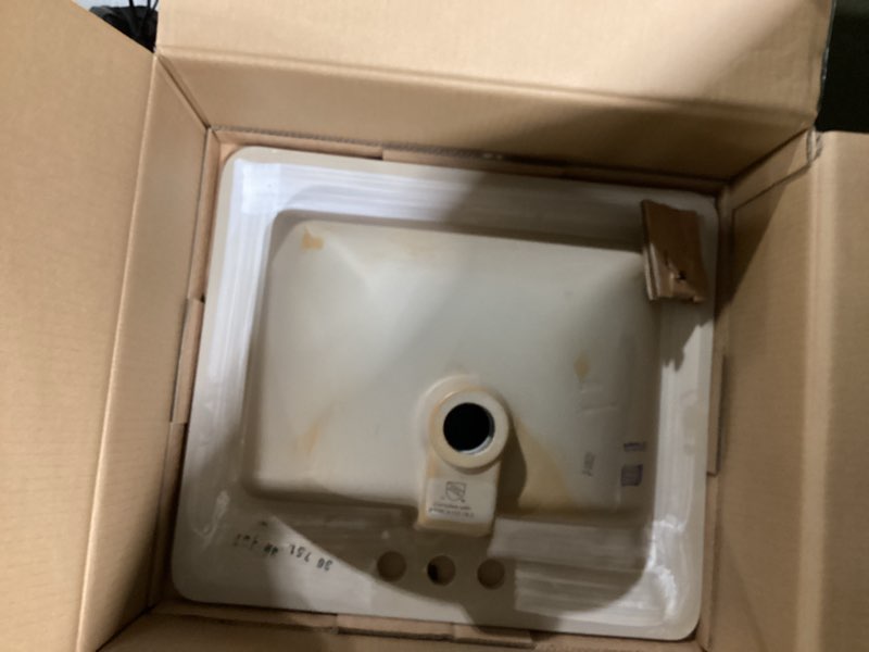 Condition photo showing As Is for allen + roth ramsgate vitreous china 21.26-in drop-in rectangular traditional white bathroom sink