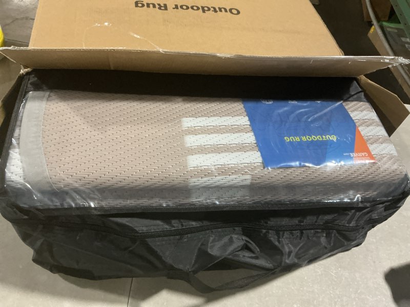 Condition photo showing Good Condition for garvee waterproof outdoor rug 9x12, scalloped geometric foldable plastic straw patio camping rug, outdoor rv carpet for deck camper porch balcony backyard picnic beach gray brown gray brown 9' x 12'