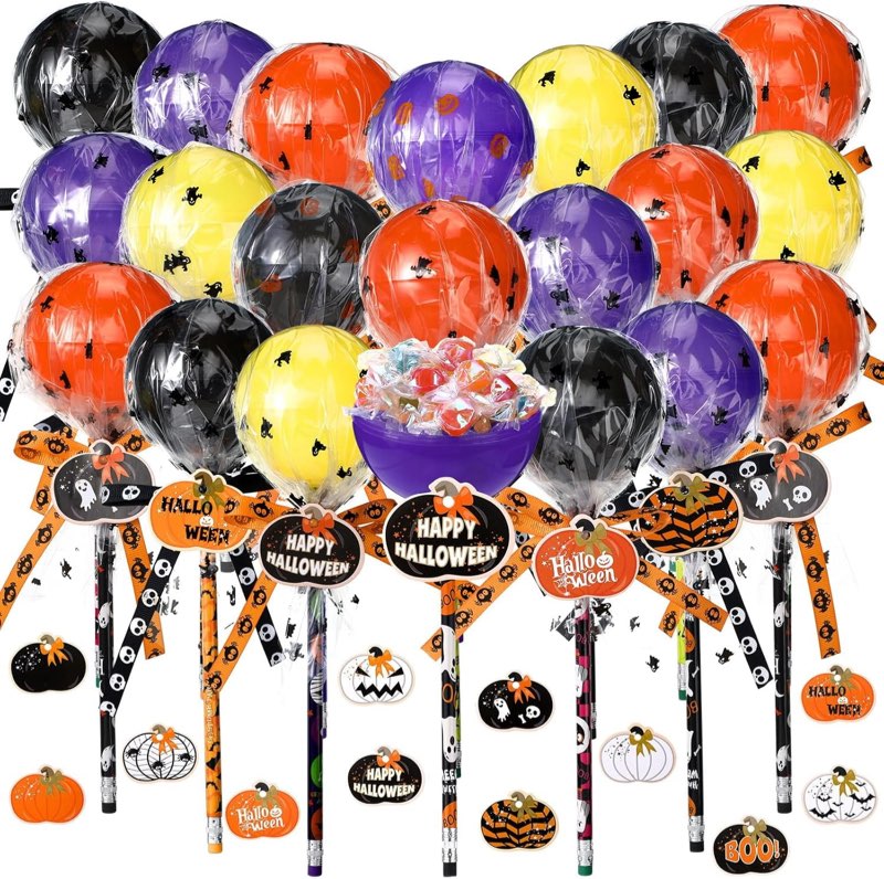 96 pcs halloween party favors gift trick or treat container halloween pencil empty giant lollipop stationery candy fillable hold plastic lollipop storage for classroom gifts horror