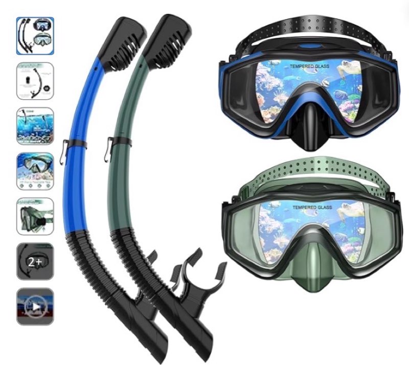 snorkeling gear for adults, dry top snorkel mask set 2 pack scuba diving mask snorkel gear anti fog snorkeling packages tempered glass panoramic view nose cover