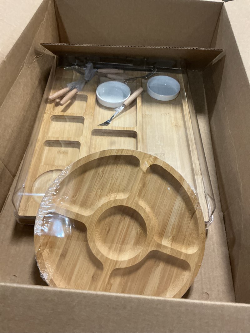 Condition photo showing Good Condition for smirly charcuterie boards with lid large travel cheese charcuterie boards with lid, portable bamboo cheese platters serving tray for home kitchen picnics, housewarming gifts wedding gifts for couples natural bamboo cheese board with lid