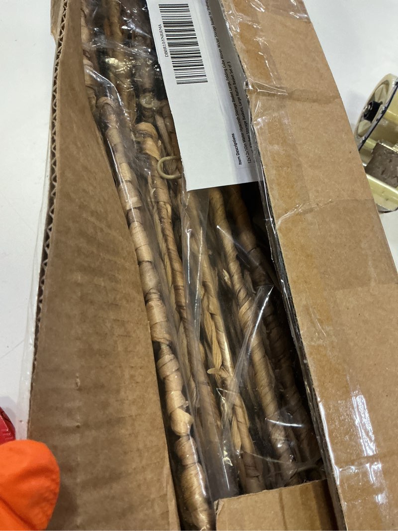 Condition photo showing New/Like New for 12x12x10in water hyacinth storage basket large, folding cube woven wicker storage basket for shelves, pantry baskets organization and storage, kitchen storage baskets, large rattan basket set of 3 water hyacinth 12x12x10