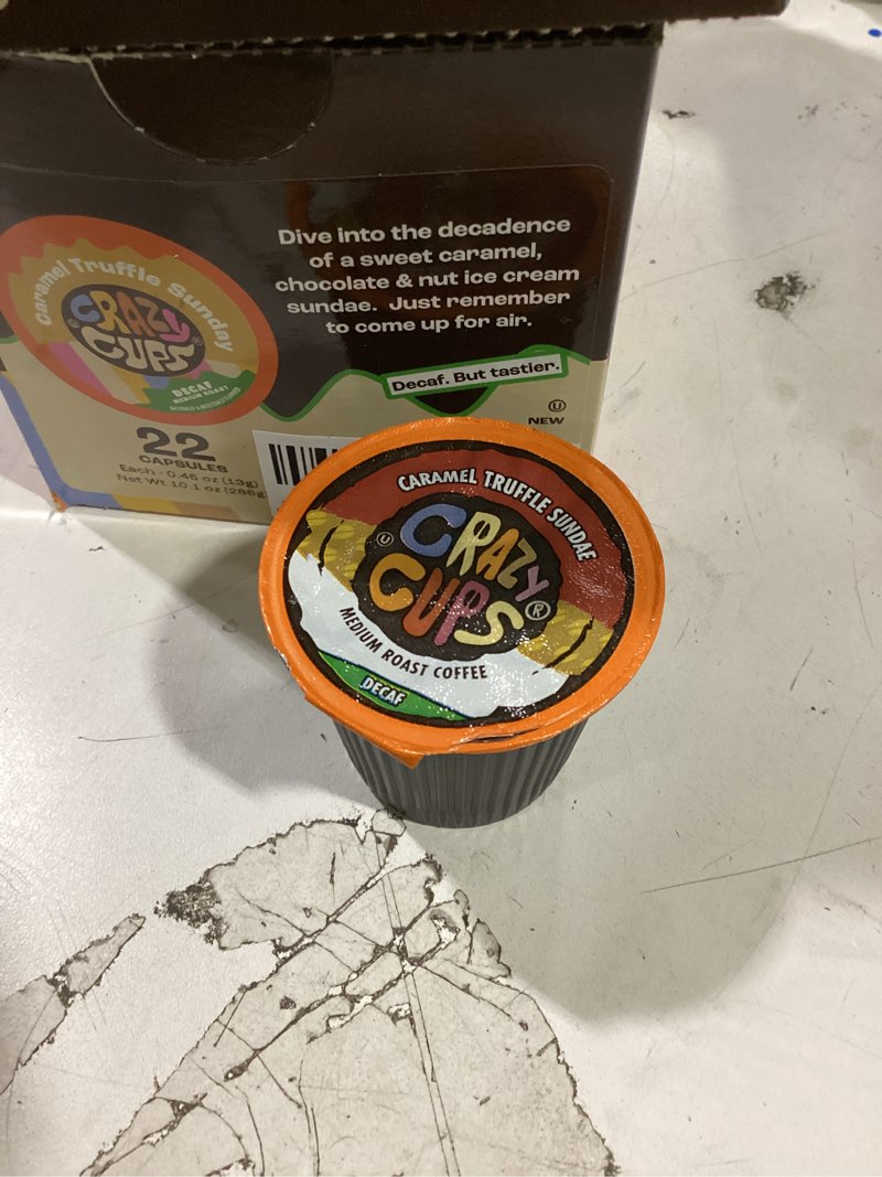 Condition photo showing Good Condition for Crazy Cups Decaf Flavored Coffee Pods, Decaffeinated Sundae Truffle Coffee, Single Serve Hot or Iced Medium Roast Coffee for Keurig K Cups Machines, 22 Count Caramel Truffle Sundae 22 Count (Pack of 1)