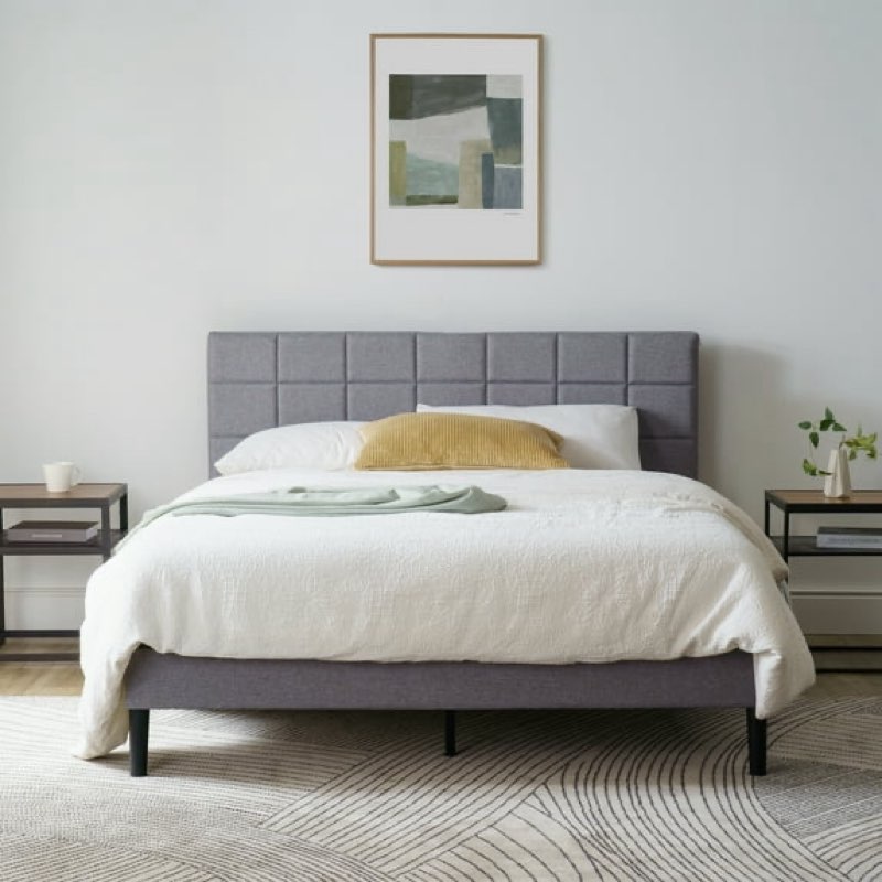 mainstays gray upholstered square tufted platform bed, no box spring needed, queen
