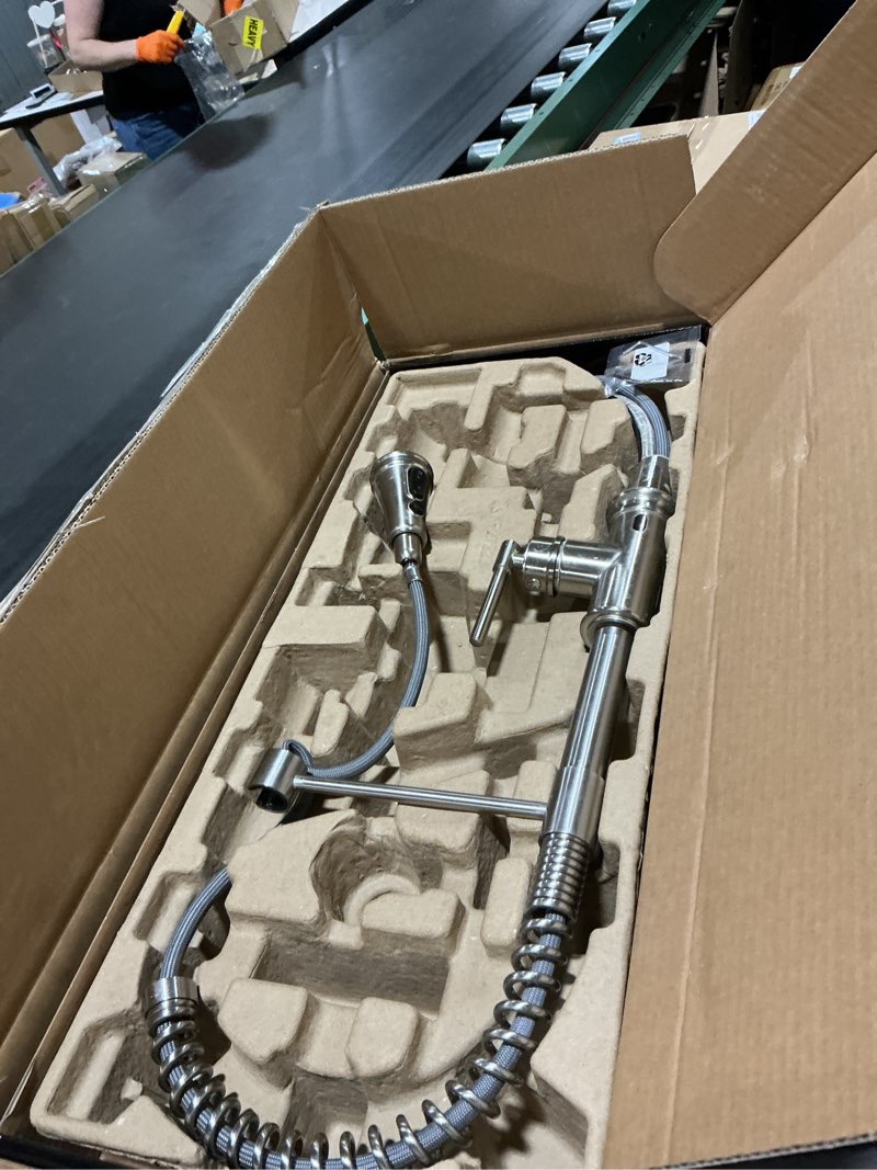 Condition photo showing As Is for kraus bolden touchless sensor commercial style 2-function single handle pull down kitchen faucet in spot-free stainless steel, ksf-1610sfs spot-free stainless steel commercial style