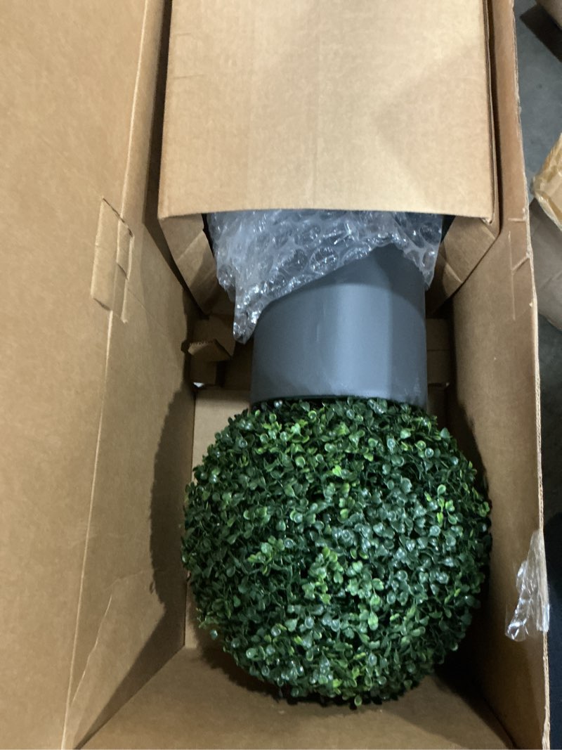 Condition photo showing New/Like New for nearly natural 30in. boxwood artificial topiary plant in gray cylinder planter (indoor/outdoor)