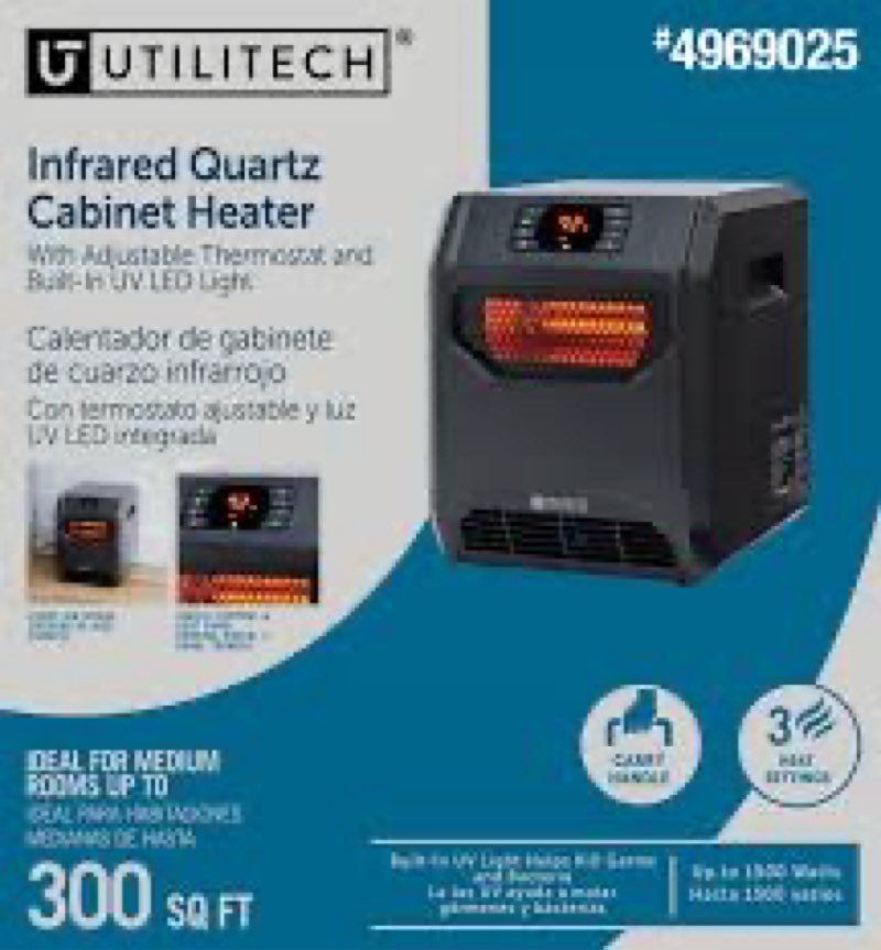 utilitech infrared quartz cabinet heater designed to heat medium-sized room