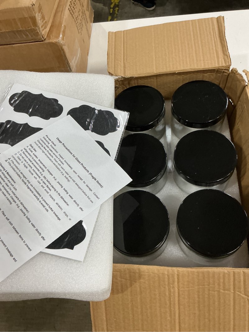 Condition photo showing Good Condition for 6 pack 24 oz glass jars with plastic lids, glass kitchen canisters cabinet, pantry organization, food storage jars for flour, sugar, coffee, candy, snacks, 8 chalk labels, 1 pen