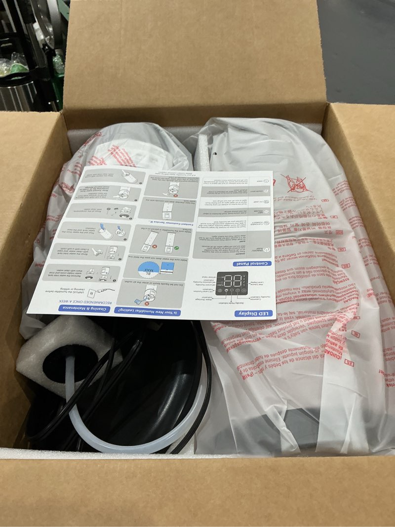 Condition photo showing As Is for 8l/2.1 gal humidifiers for bedroom large room, 4 levels cool mist humidifier with clear tank, 7 color lights essential oil diffuser with 16h timer, top fill air humidifier for home plants office