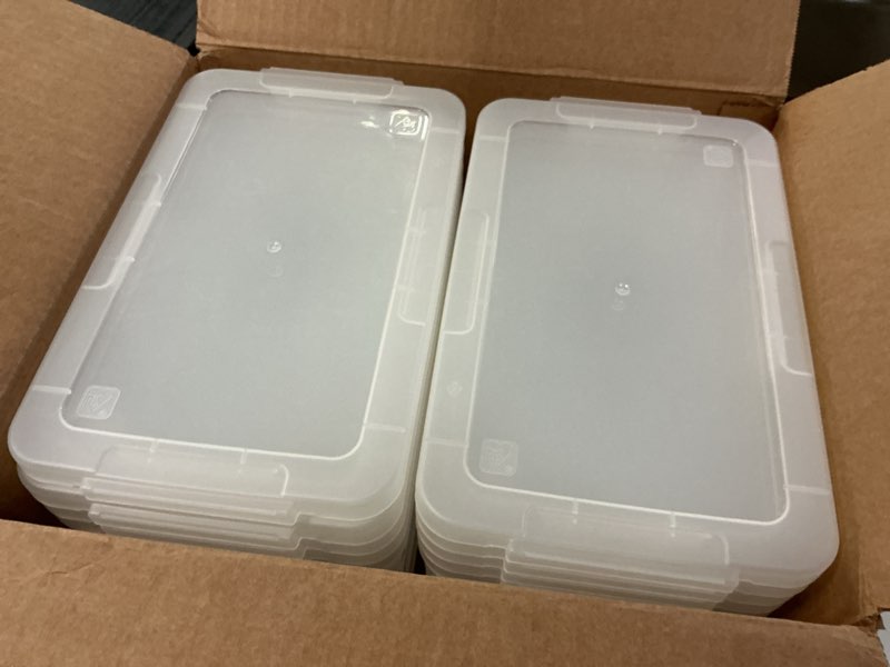 Condition photo showing Good Condition for iris usa 3 qt. plastic craft storage container bins with lids, 10 pack, small art & office supply organizer tote, sensory bins & boxes for home & university, stackable, secure latch buckles, clear 3 qt. - 10 pack stack